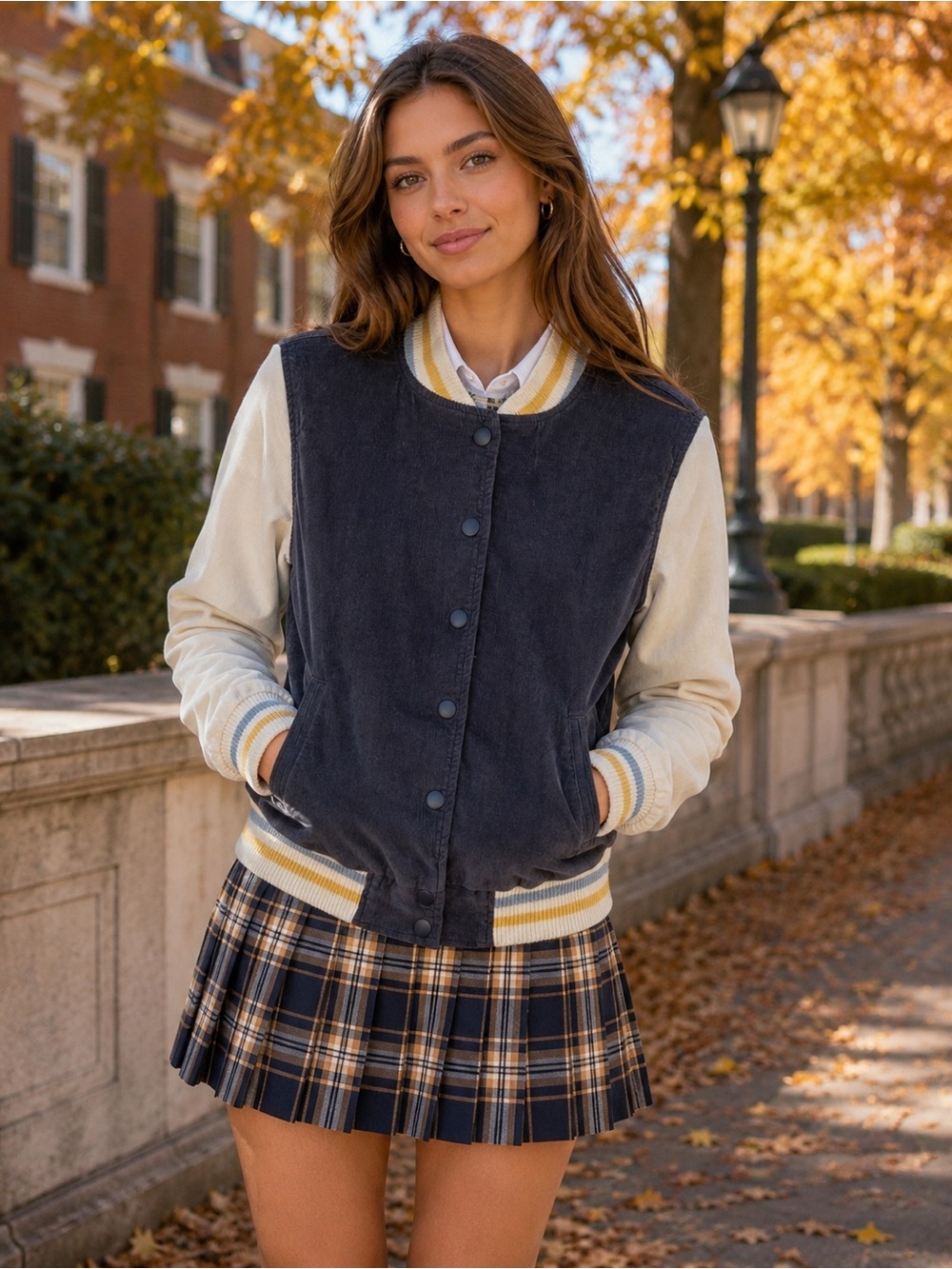 Aerie Navy & Cream Corduroy Varsity Jacket — Size XS